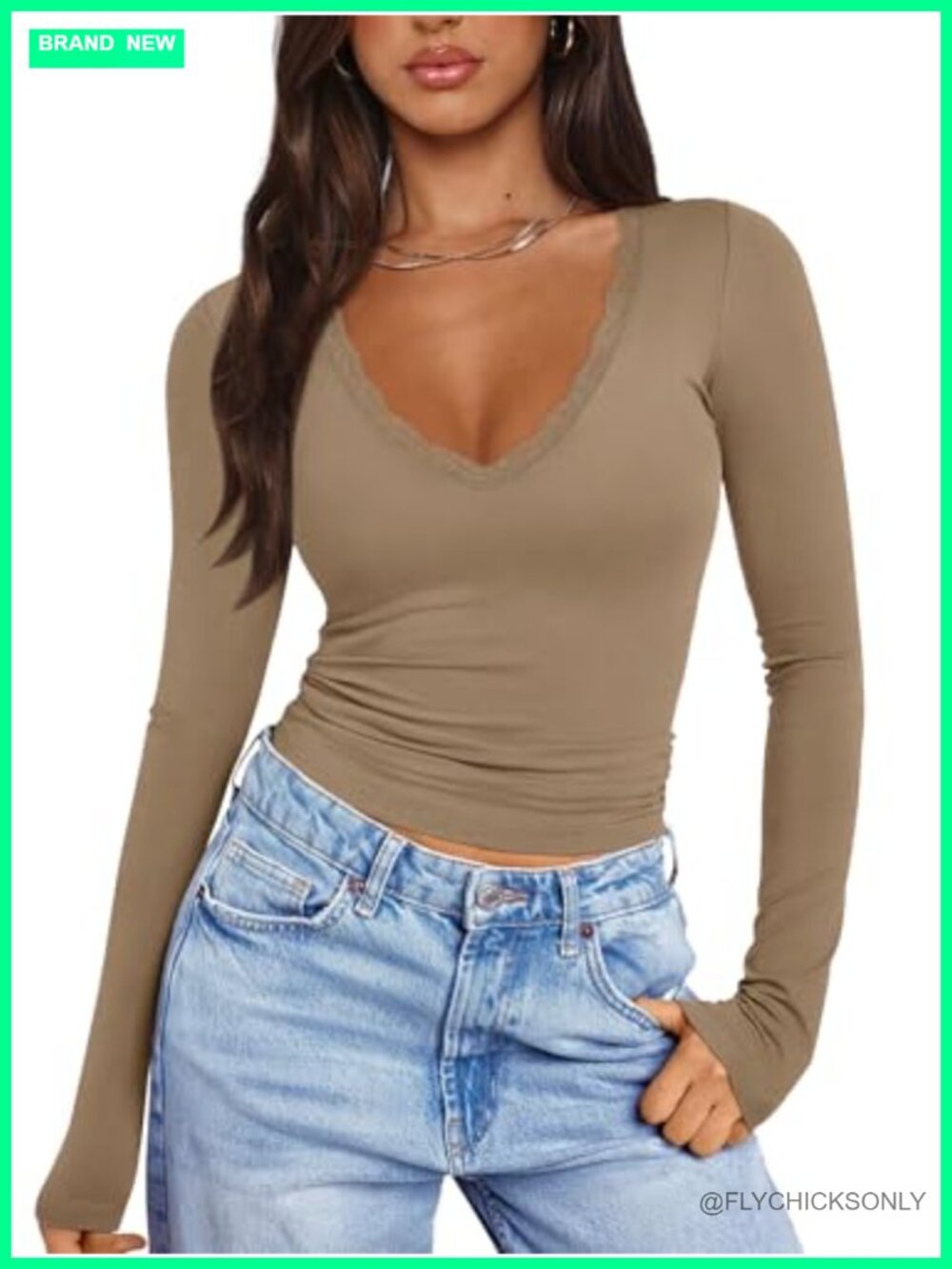 Women's Lace Trim V-Neck Long Sleeve Fitted Top Double Lined Going Out Y2K Fall
